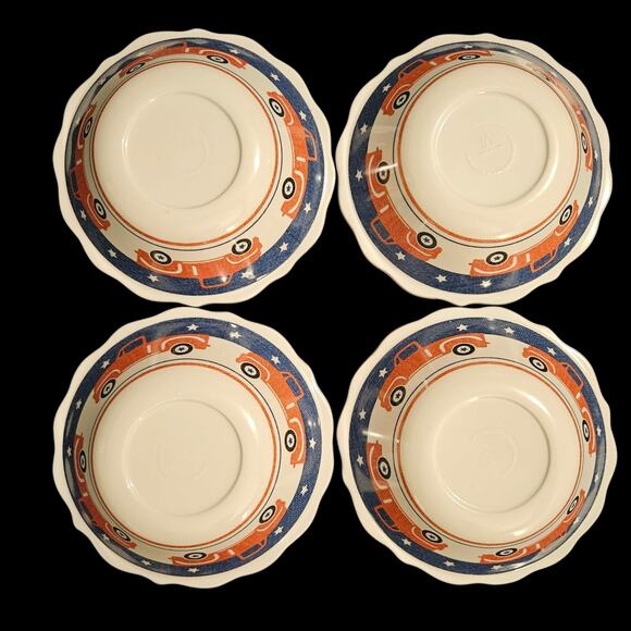 Vintage Melamine Kids Bowls Set of 4 Cars Stars Denim Blue Orange Scalloped Edge - Picture 4 of 6